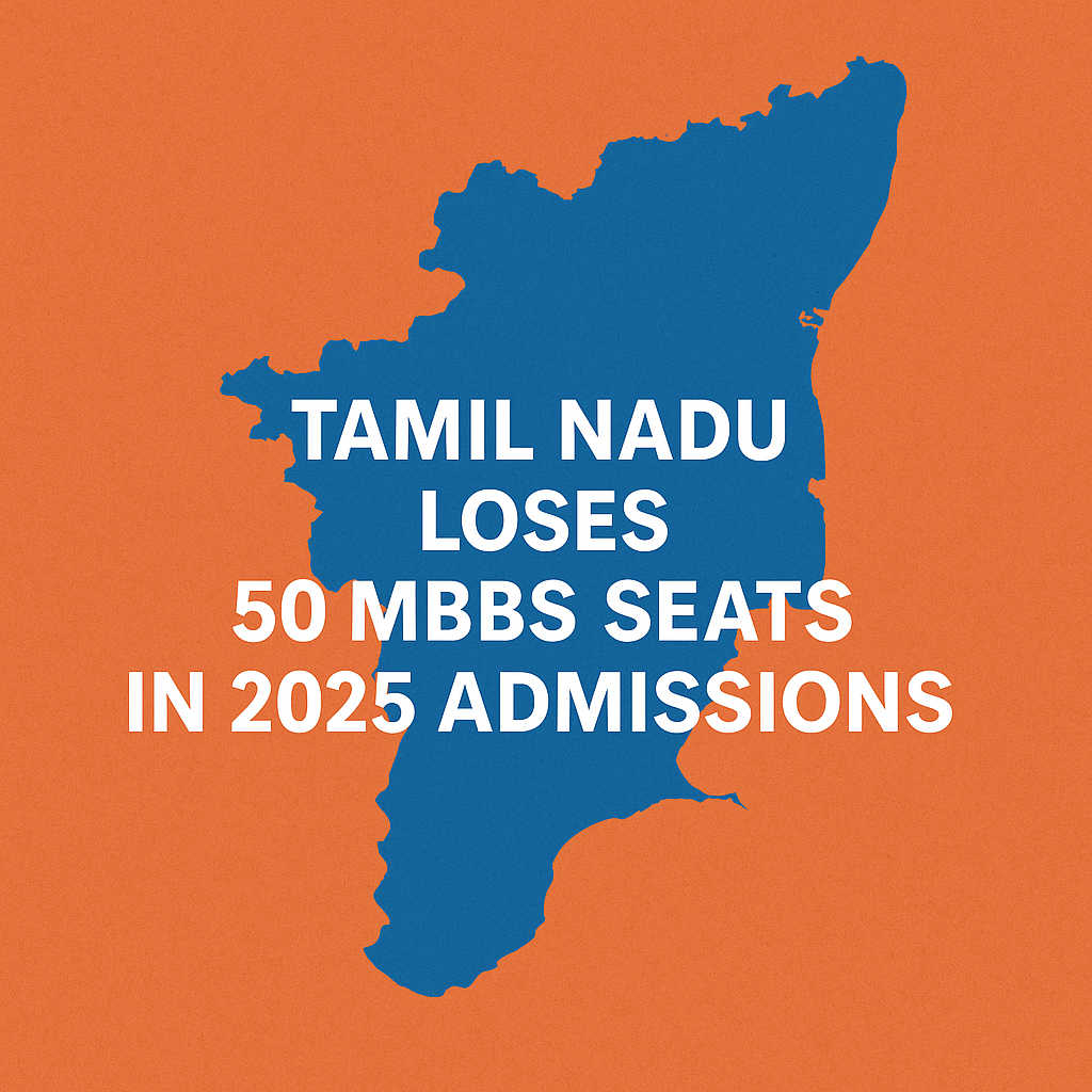 A digital graphic featuring a map of Tamil Nadu in solid blue against an orange background, with bold white centered text reading "TAMIL NADU LOSES 50 MBBS SEATS IN 2025 ADMISSIONS.