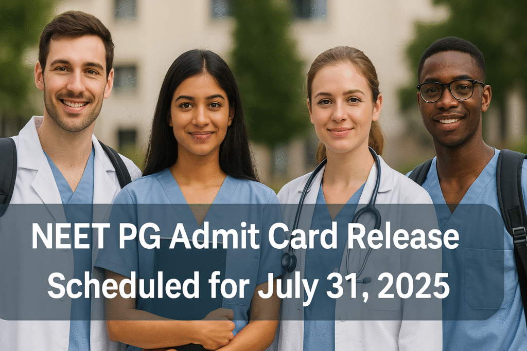 Four smiling medical aspirants in scrubs and lab coats standing together on a campus with the text “NEET PG Admit Card Release Scheduled for July 31, 2025