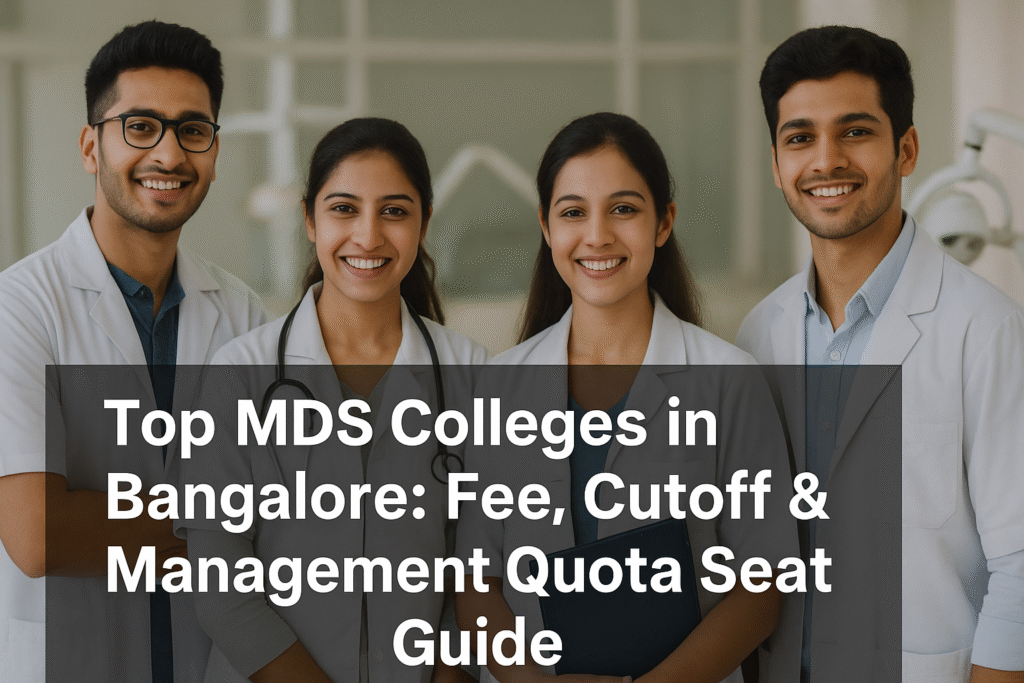 Group of smiling dental students in lab coats standing confidently in a modern dental college clinic in Bangalore.