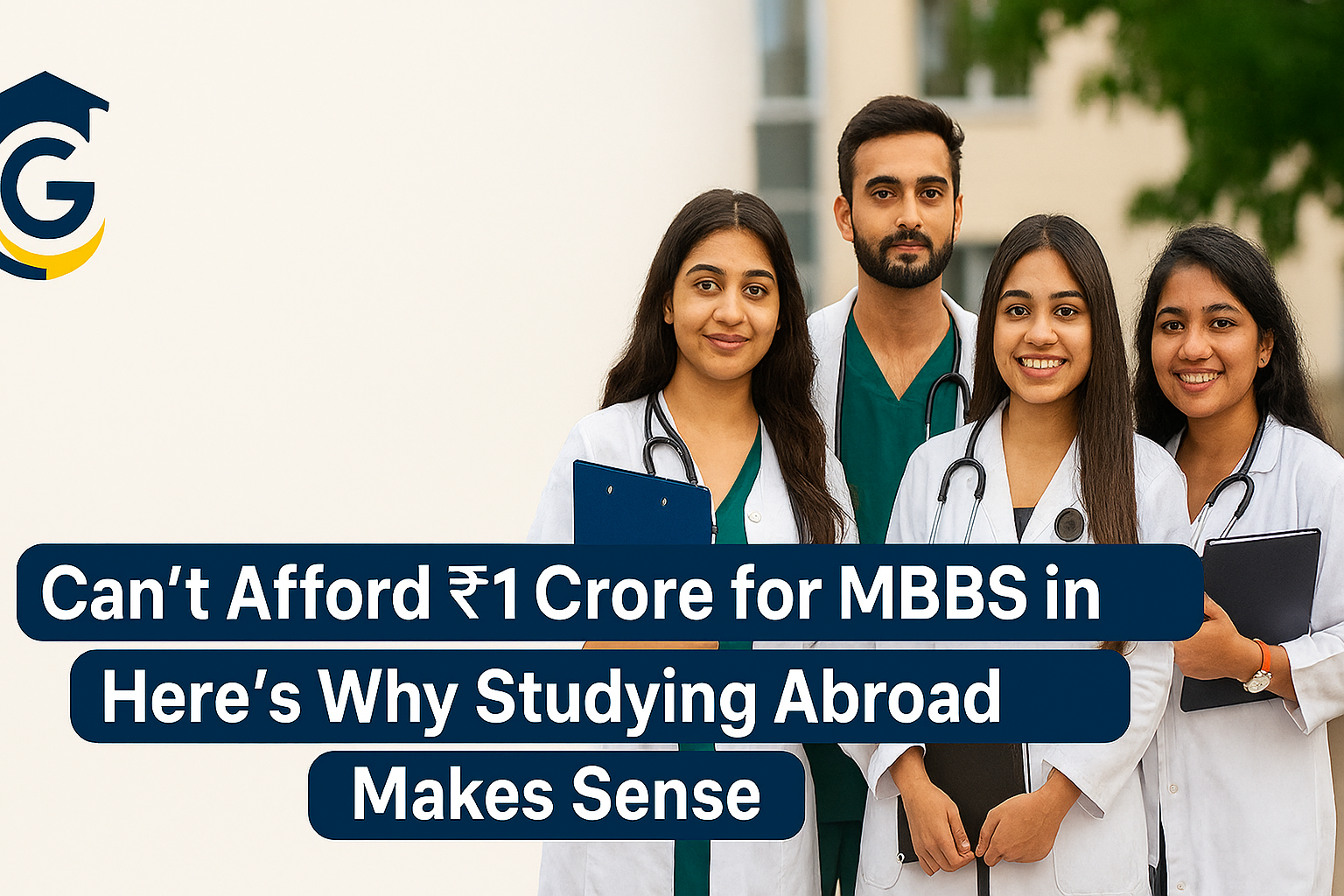Group of smiling medical students in white lab coats standing outdoors beside centered text that reads “Can’t Afford ₹1 Crore for MBBS in India? Here’s Why Studying Abroad Makes Sense” with the Guidacent Consulting Services logo on the upper left.