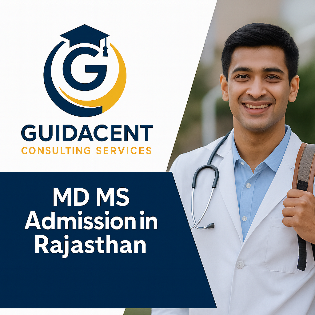 Guidacent Consulting Services banner for MD MS Admission in Rajasthan, featuring the company logo, bold text, and a smiling male doctor in a white lab coat with a stethoscope