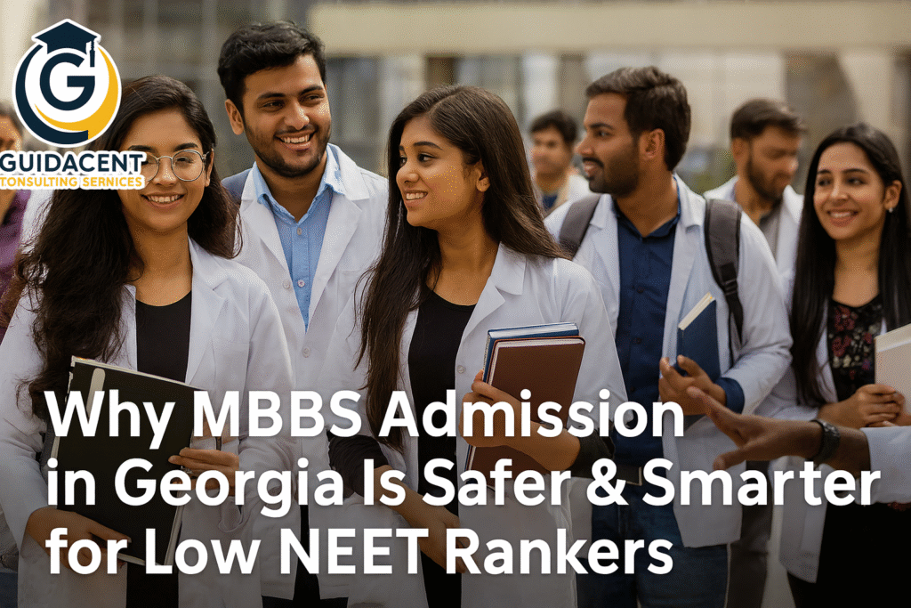Indian medical student with stethoscope smiling confidently in front of Georgian university building, symbolizing affordable MBBS admission for low NEET scorers in Georgia