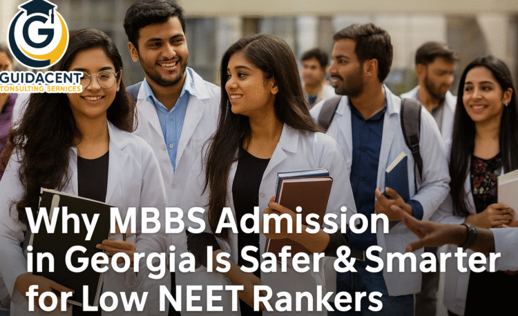 Indian medical student with stethoscope smiling confidently in front of Georgian university building, symbolizing affordable MBBS admission for low NEET scorers in Georgia