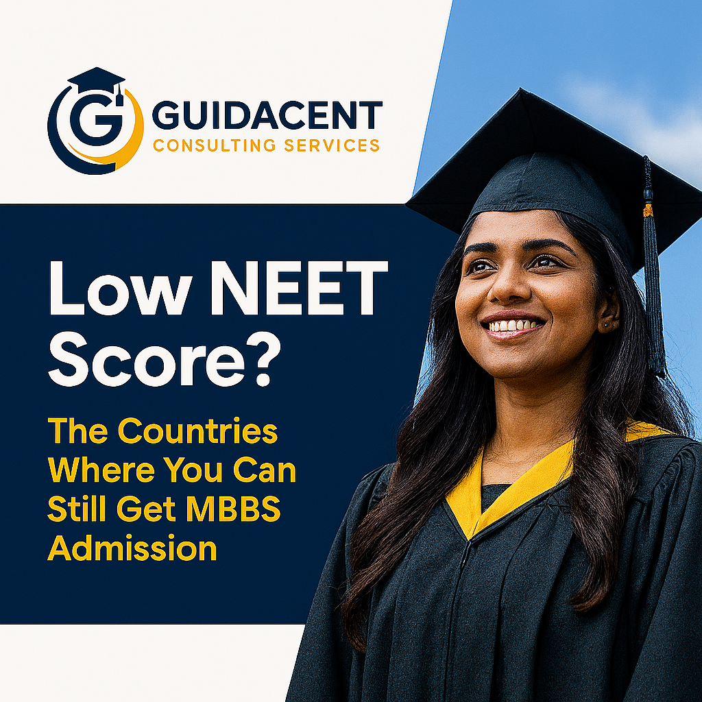 Student exploring MBBS admission options abroad with low NEET score — featuring countries like Russia, Kazakhstan, Georgia, and the Philippines.