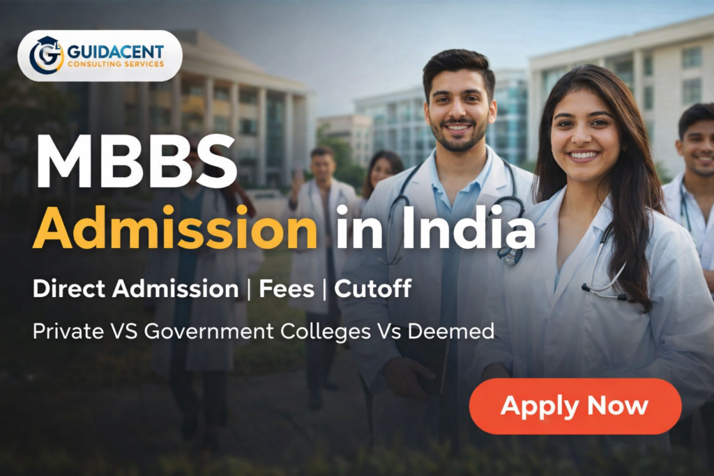 MBBS admission in India banner with medical students and college campus showing direct admission, fees, cutoff and private vs government colleges