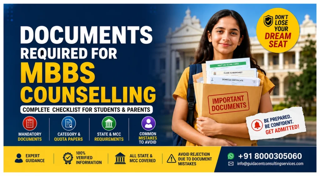 Documents required for MBBS counselling including NEET scorecard, domicile certificate, and category documents for students and parents