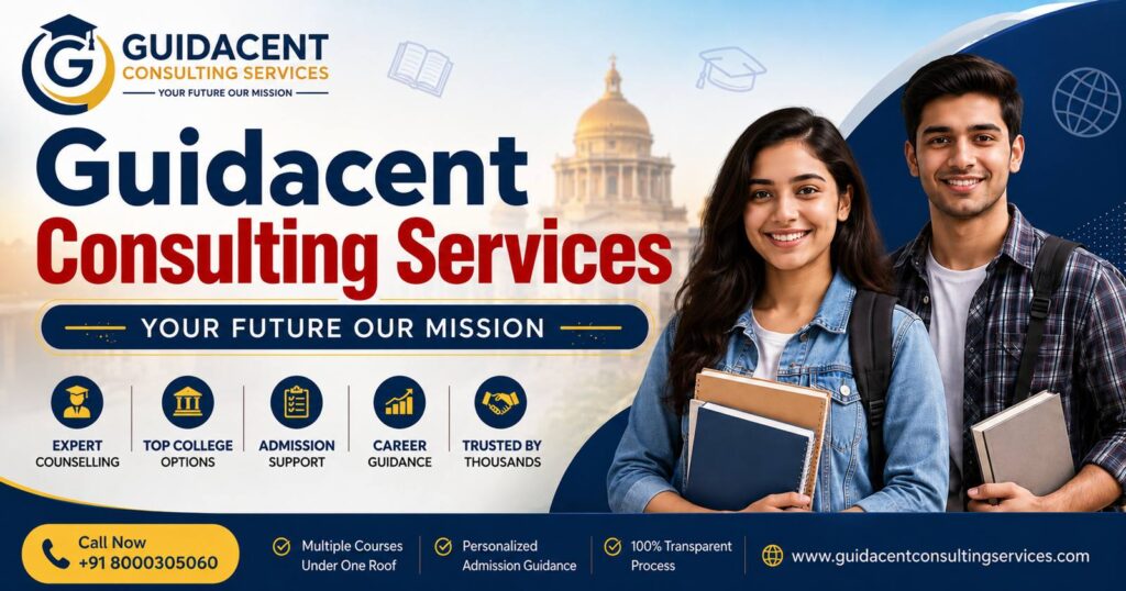 Guidacent Consulting Services admission guidance banner with students for MBBS, B.Tech, BBA, Nursing and college admission counselling in India