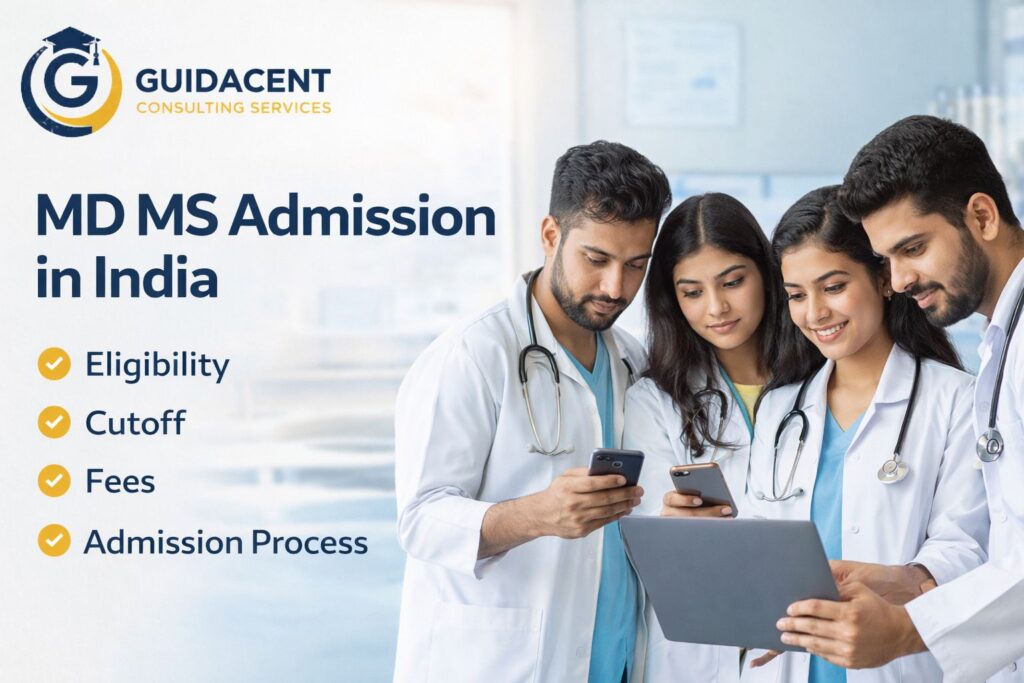 MD MS admission in India guide for NEET PG aspirants showing medical students discussing eligibility, cutoff, fees and admission process