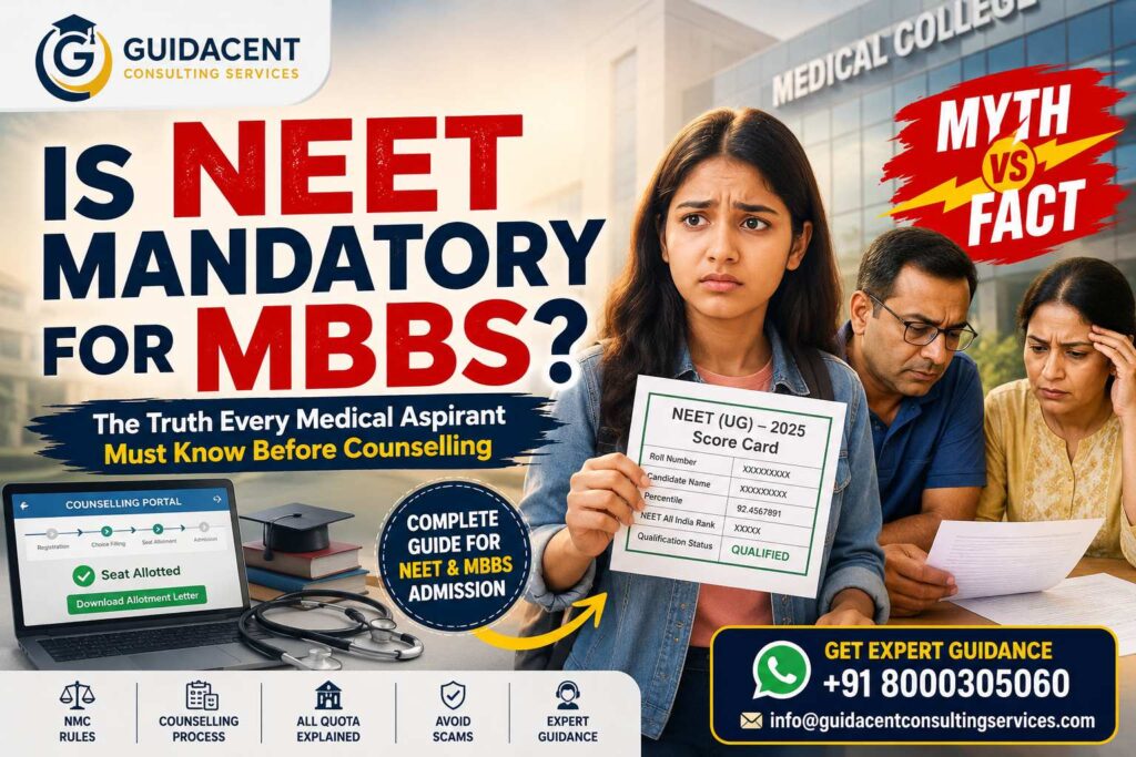 Medical aspirant holding NEET UG scorecard while parents review counselling documents, explaining whether NEET is mandatory for MBBS admission in India.