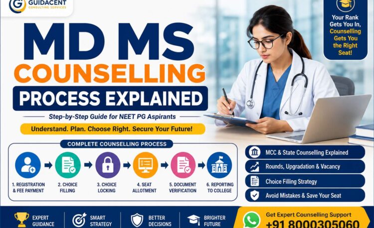 NEET PG candidate reviewing counselling rounds and seat allotment strategy for MD MS admission