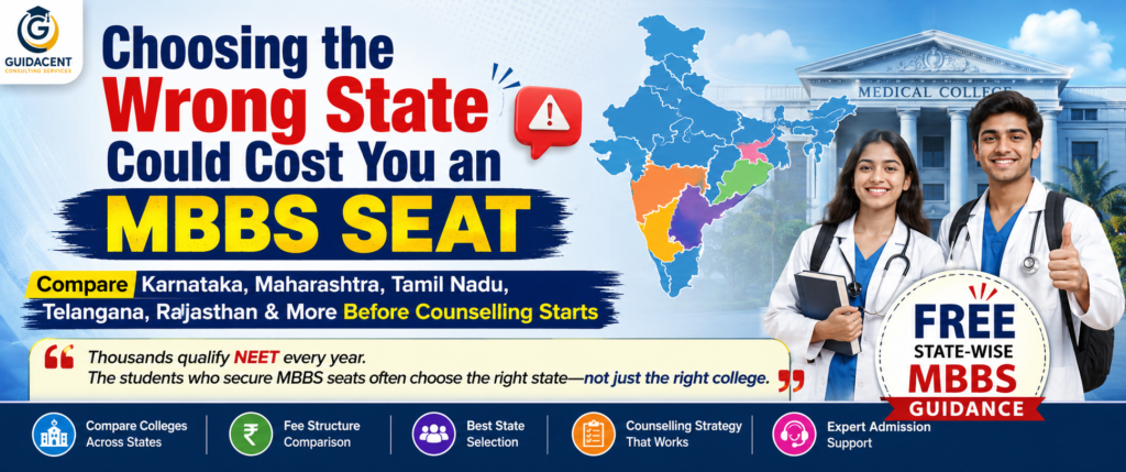 State-wise MBBS admission guide showing comparison of fees, seats, counselling opportunities, and medical colleges across Indian states.