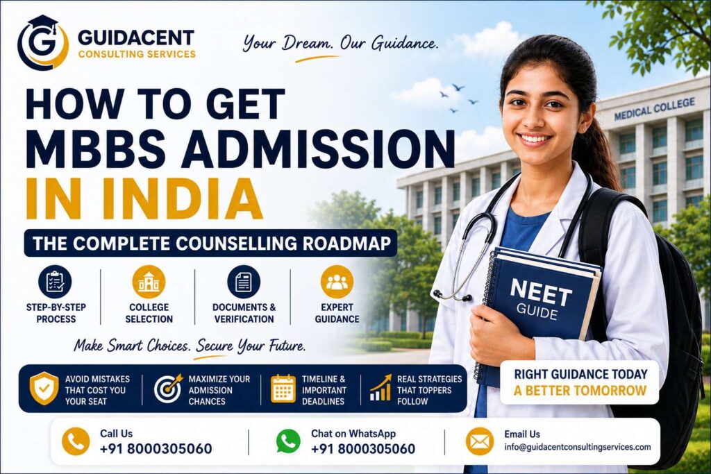 NEET qualified student learning how to get MBBS admission in India through counselling, college selection, document verification and seat allotment process
