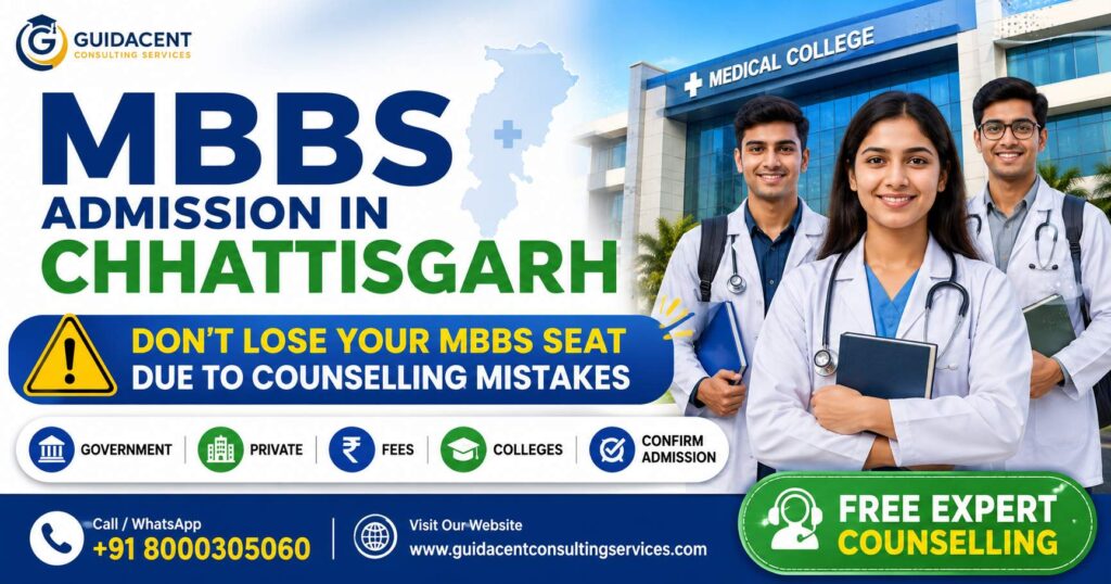 MBBS Admission in Chhattisgarh counselling guide showing NEET-qualified students exploring government and private medical colleges, counselling process, fees, and admission guidance.