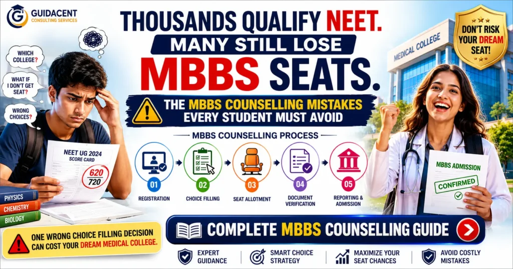 MBBS Counselling Process Explained showing NEET counselling steps, seat allotment process, college choice filling strategy, and MBBS admission guidance.