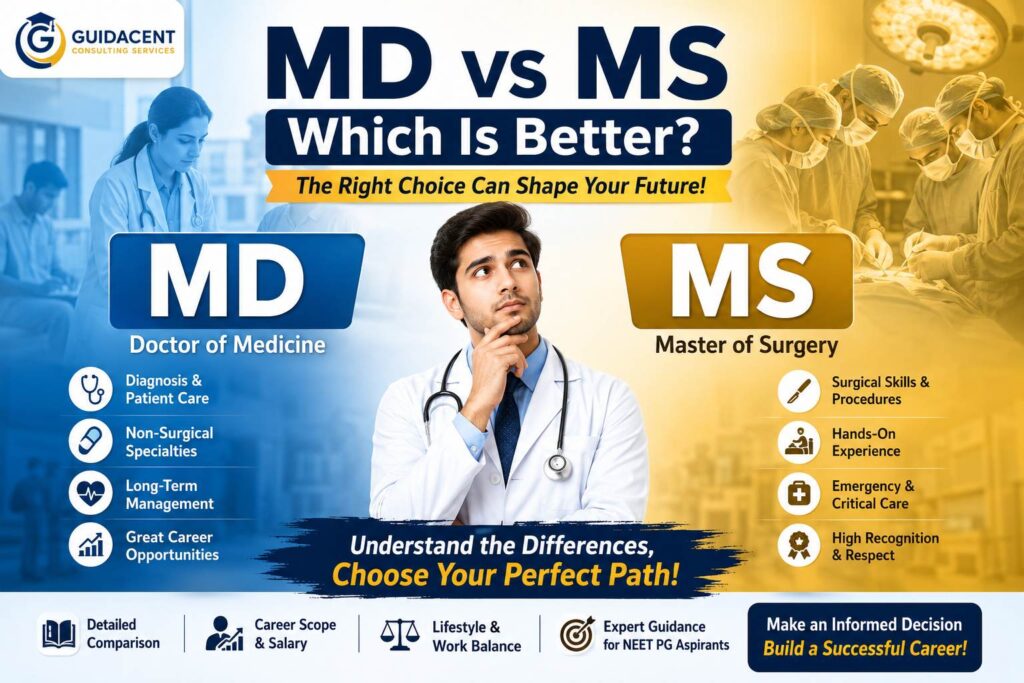 MBBS graduate comparing MD and MS specialties before NEET PG counselling and postgraduate medical career selection in India