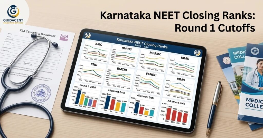 Karnataka NEET closing rank 2026 counseling chart display showing medical college cutoff trends and KEA allotment data.Karnataka NEET closing rank 2026 counseling chart display showing medical college cutoff trends and KEA allotment data.