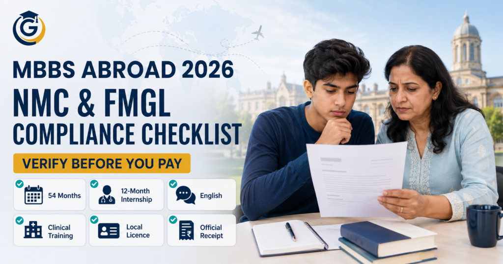 Indian student and parent reviewing an MBBS Abroad 2026 NMC and FMGL compliance checklist before paying university fees