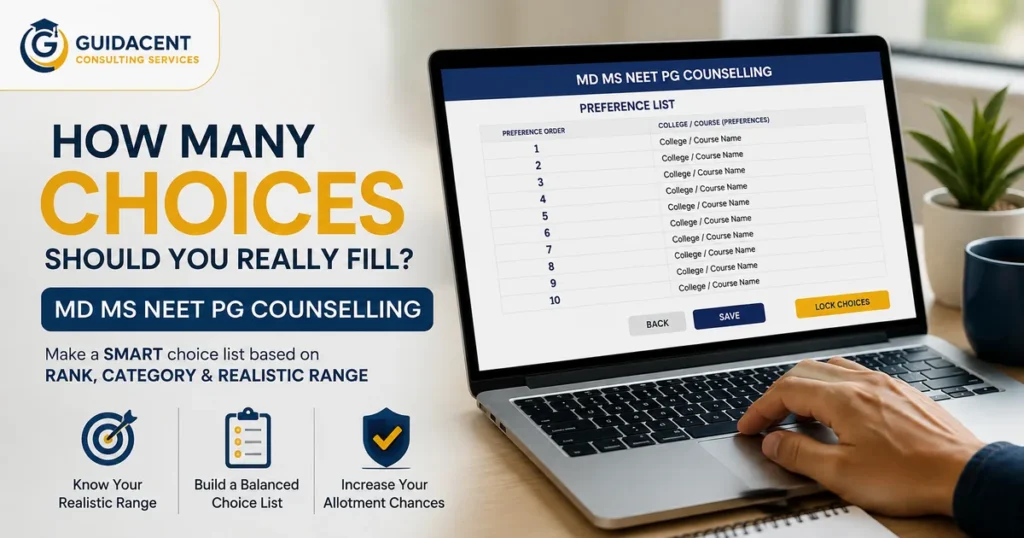 Candidate reviewing an MD MS NEET PG counselling choice list on a laptop before locking preferences