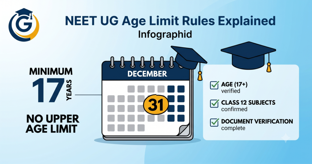 Infographic displaying the NEET UG age limit rules showing the minimum age threshold of 17 years and no upper age limit.