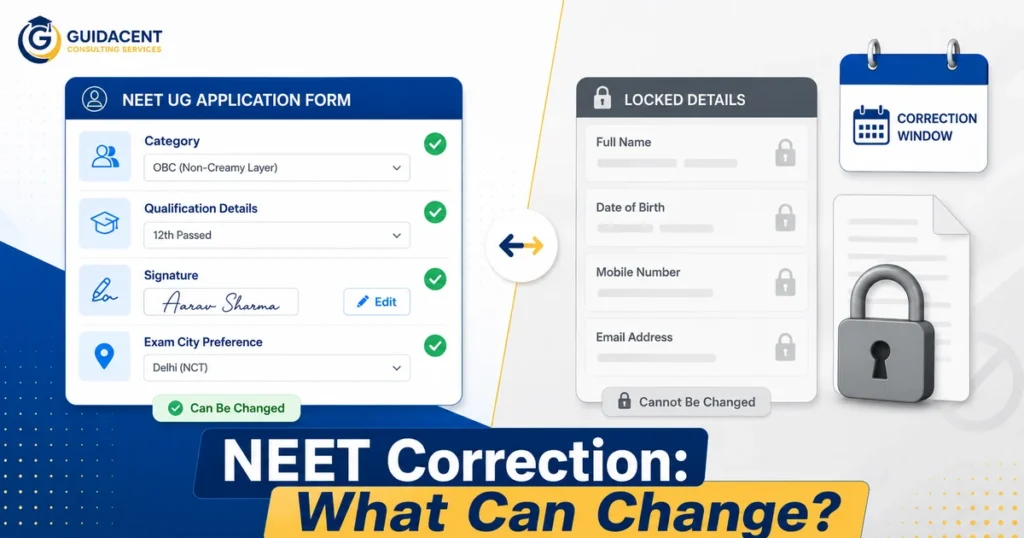 NEET UG application correction window showing editable and restricted application fields
