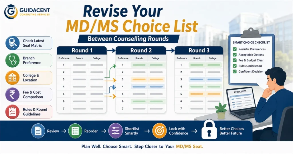 Revising MD MS choices between counselling rounds using branch, college and preference-list comparison