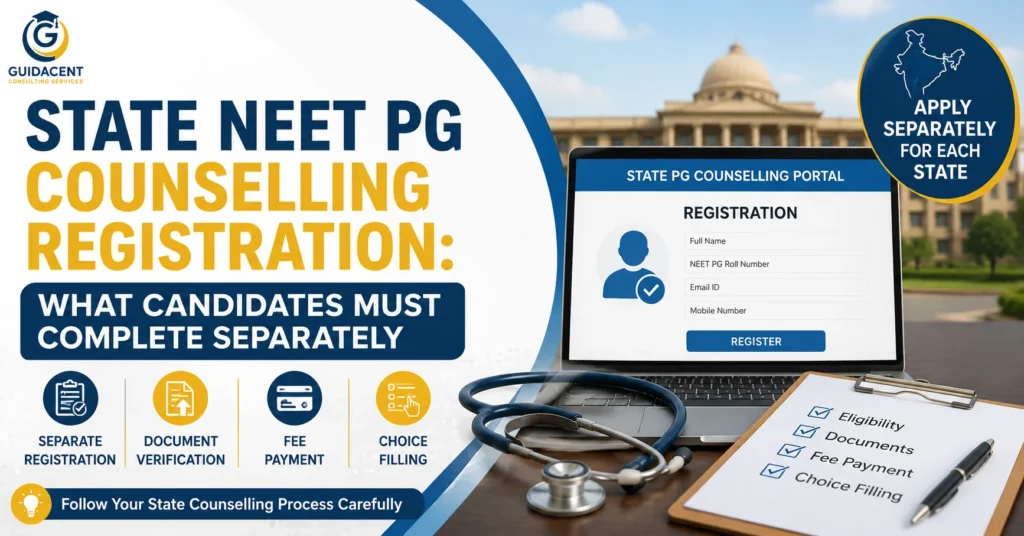 State NEET PG Counselling Registration showing separate registration, document verification, fee payment and choice filling for MD MS candidates