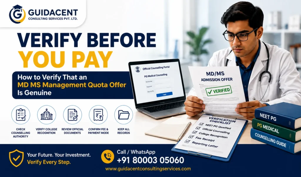 Candidate verifying an MD MS management quota admission offer using official counselling documents before paying admission fees in India.