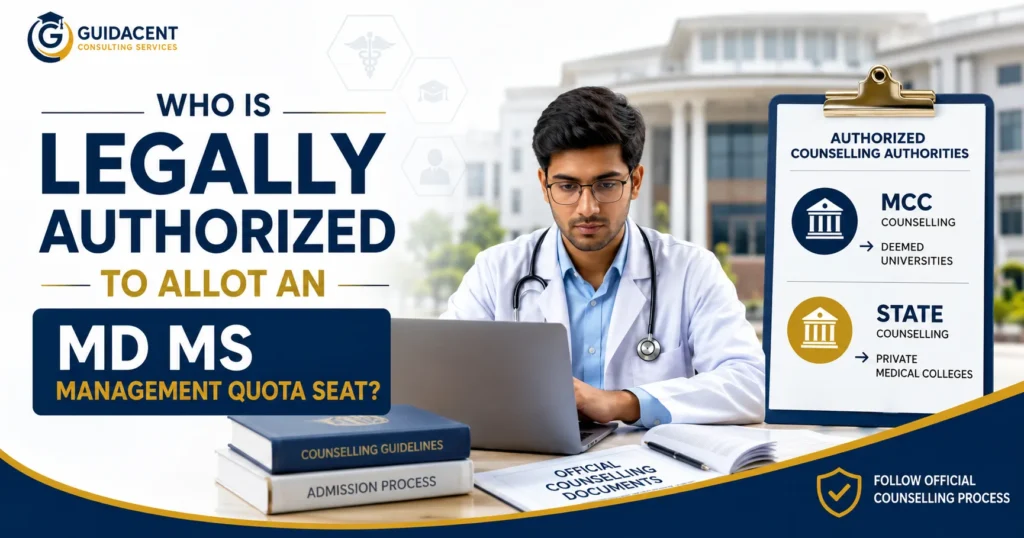 Indian doctor reviewing official MD MS management quota counselling documents on a laptop with MCC counselling and State counselling flow for private medical colleges.