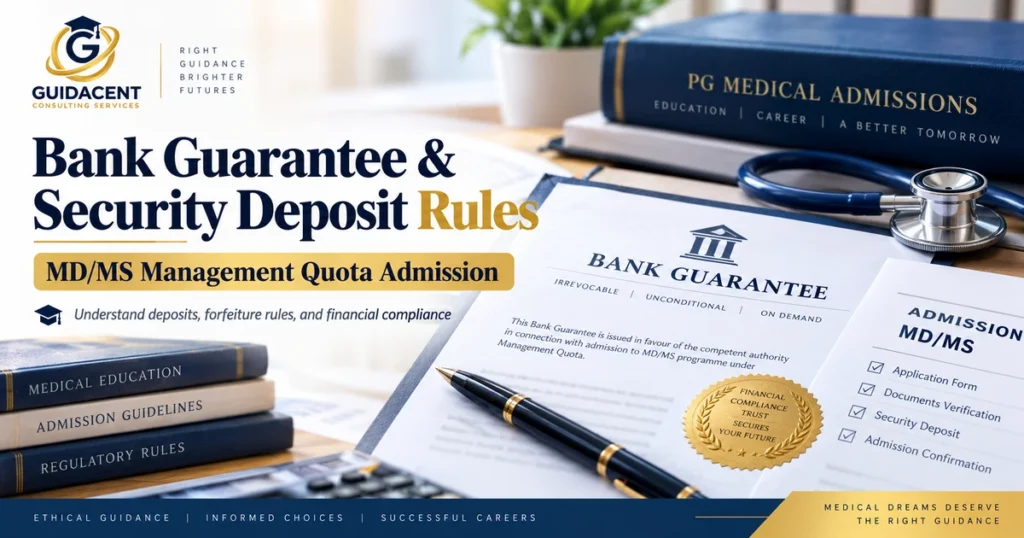 Bank guarantee agreement with MD MS admission documents, security deposit paperwork and stethoscope for management quota admission