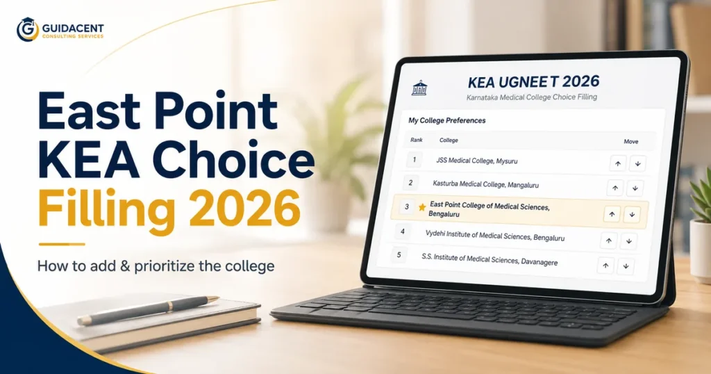 East Point Medical College choice filling 2026 showing KEA MBBS option entry and college preference ordering