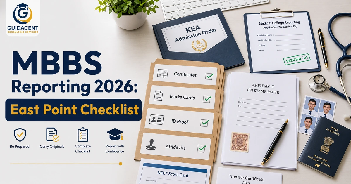 Organized checklist of mandatory certificates, KEA admission order, and stamp paper affidavits required for physical reporting at East Point Medical College Bangalore