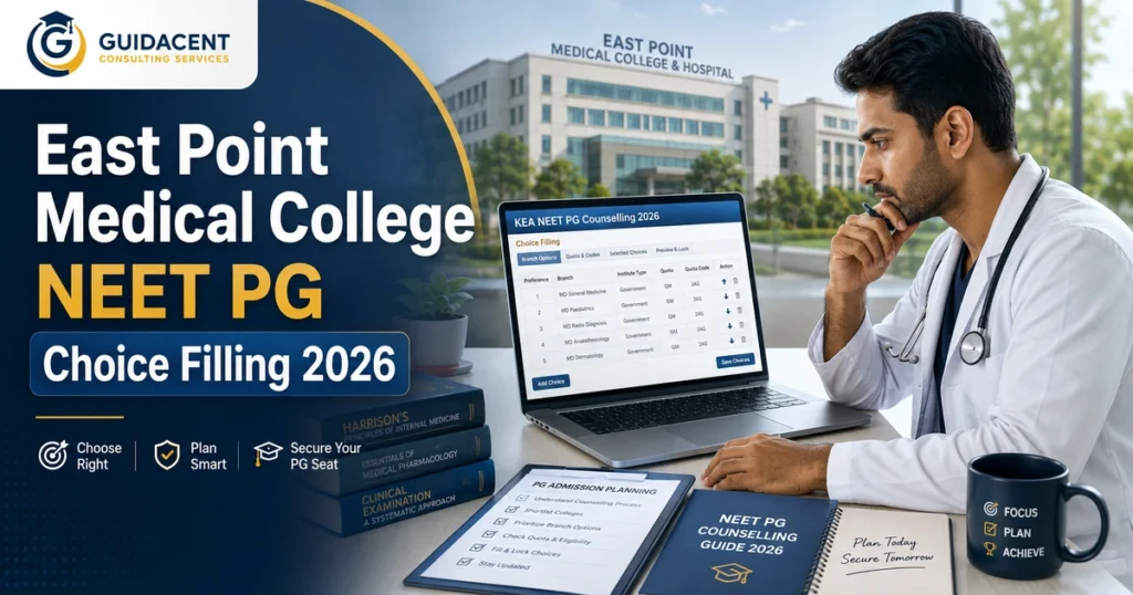 Postgraduate medical doctor reviewing KEA NEET PG choice filling, branch preferences and quota codes for East Point Medical College PG admission 2026.