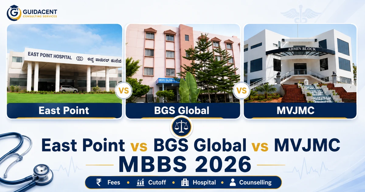 East Point vs BGS Global vs MVJMC MBBS Comparison 2026 Comparative overview chart of East Point, BGS Global, and MVJ Medical College in Bangalore for MBBS 2026 admissions showing campus landmarks and clinical facilities
