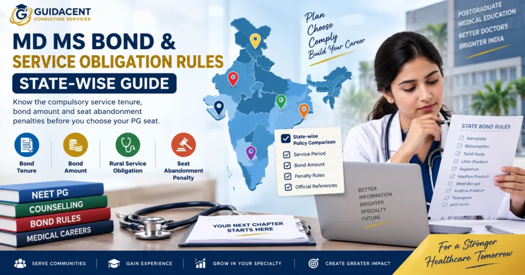 State-wise MD MS bond rules in India showing compulsory service tenure, bond amounts, rural service obligations and seat abandonment penalties.