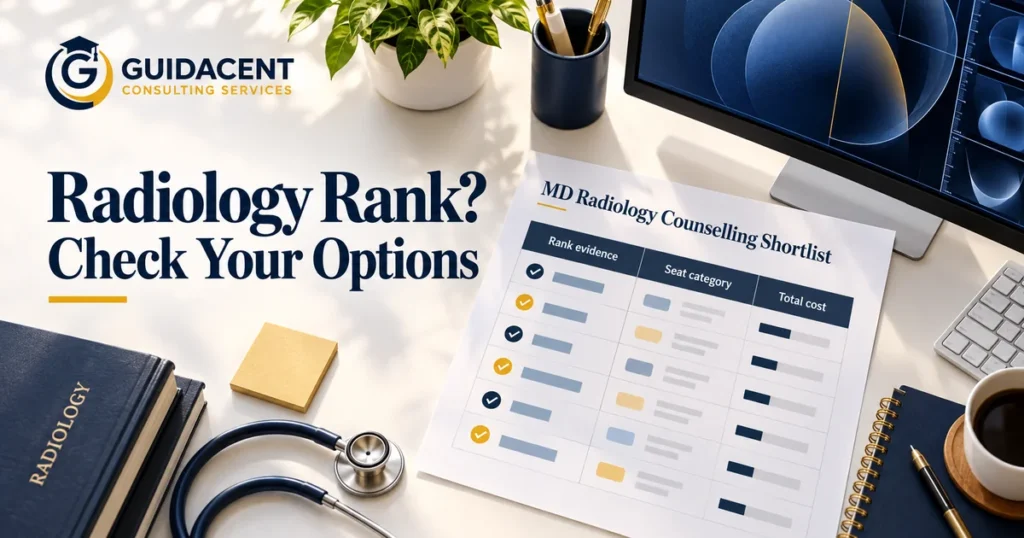 Candidate comparing MD Radiology management quota choices, NEET PG rank and college costs