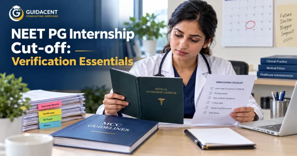 Young doctor reviewing an MBBS internship logbook, verification checklist and NEET PG counselling eligibility documents.
